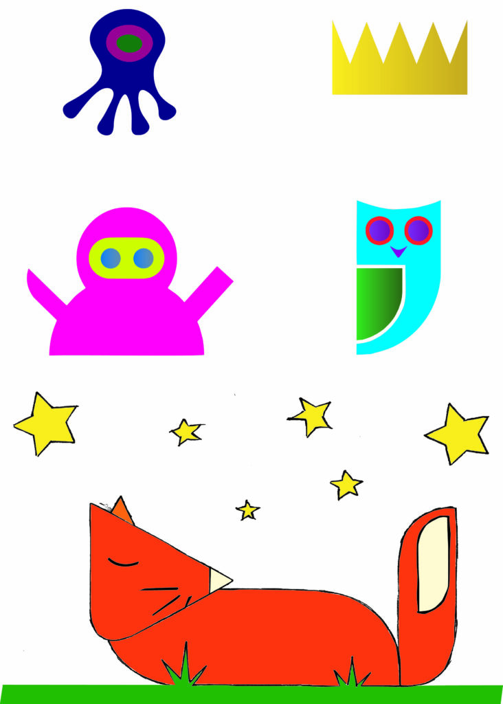 A colourful octopus, crown, robot, owl, and fox made in Adobe Illustrator.